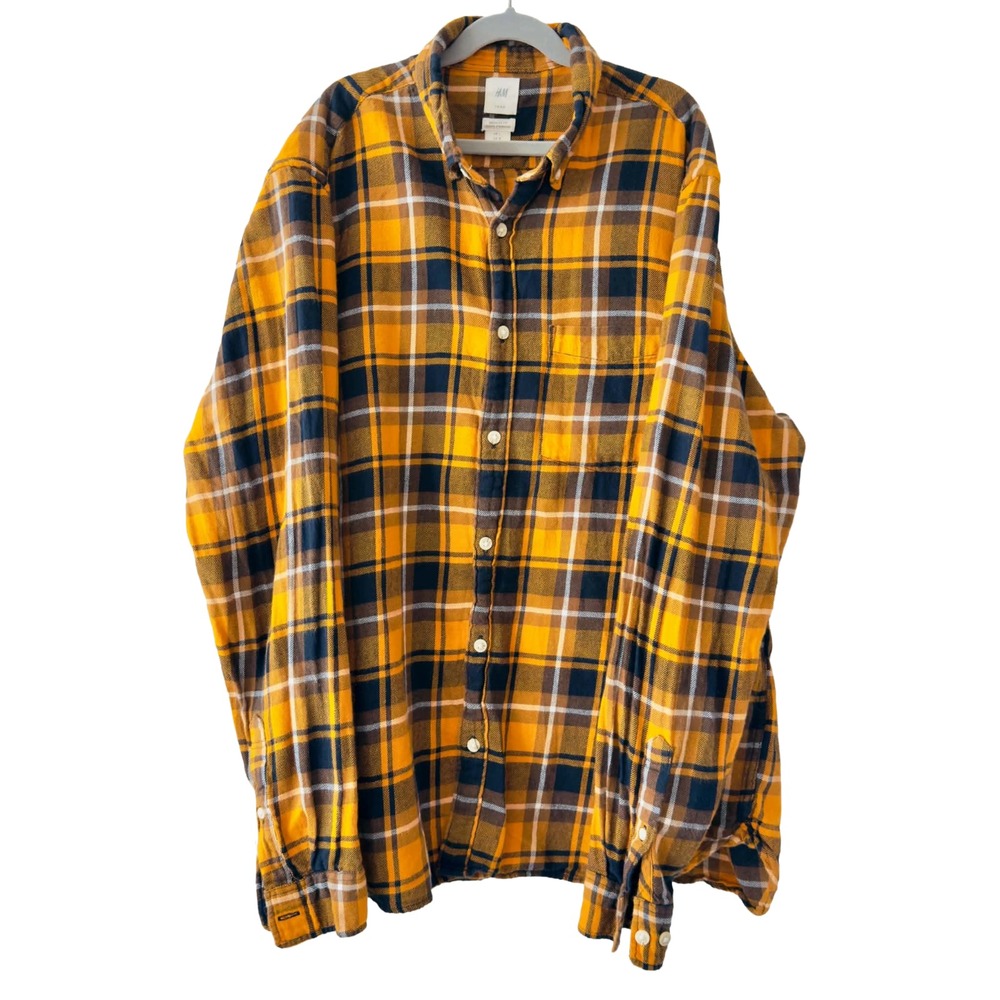 H&M Plaid Flannel Button Up Shirt Mens Sz L Green Tan Checkered Polyester Blend
